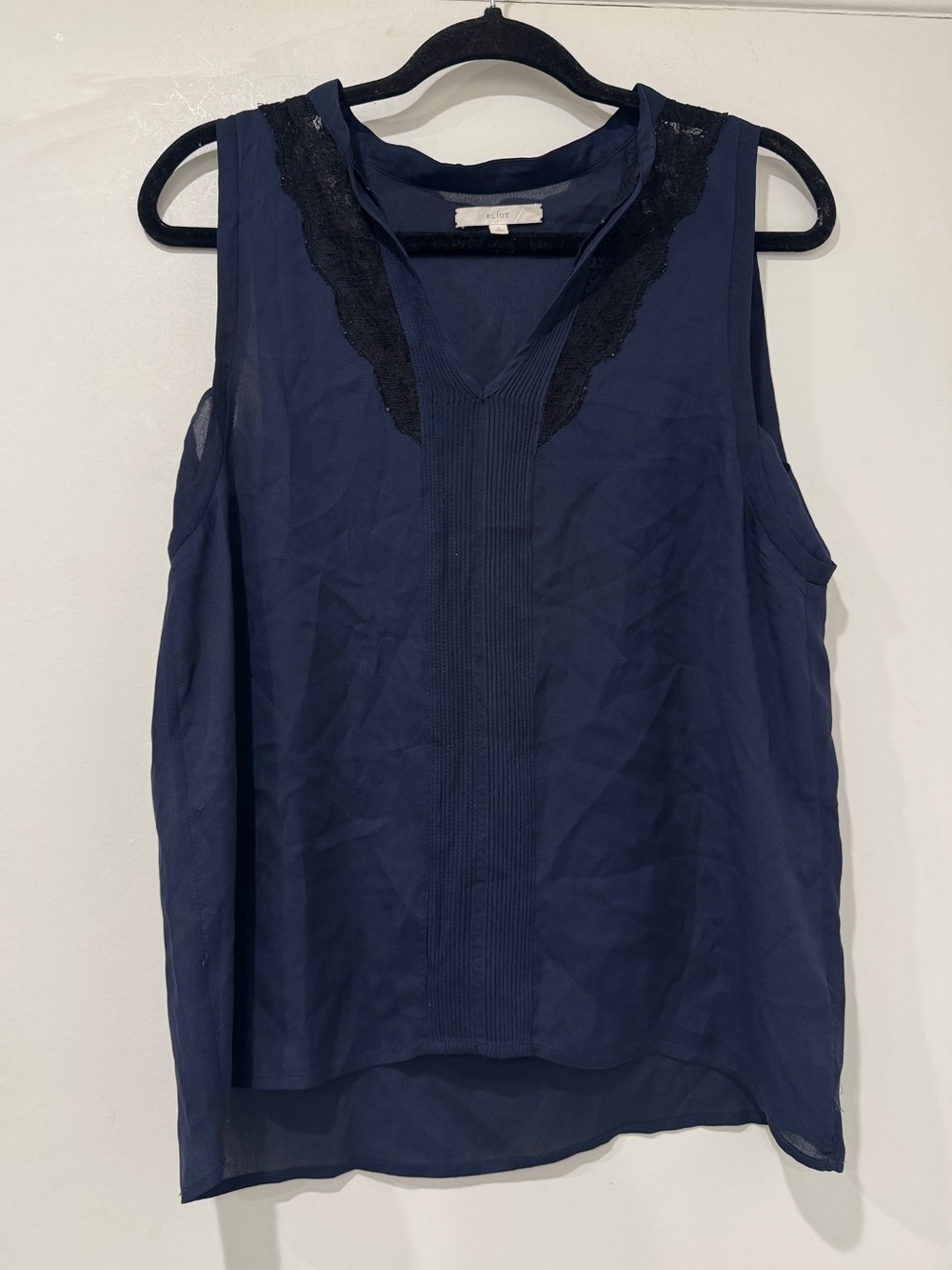 Eliot Silk Sleeveless Blouse – Navy with Black Lace Trim